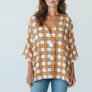 Zara Woman Retro Orange White Plaid Dolman Sleeve Blouse Top Small